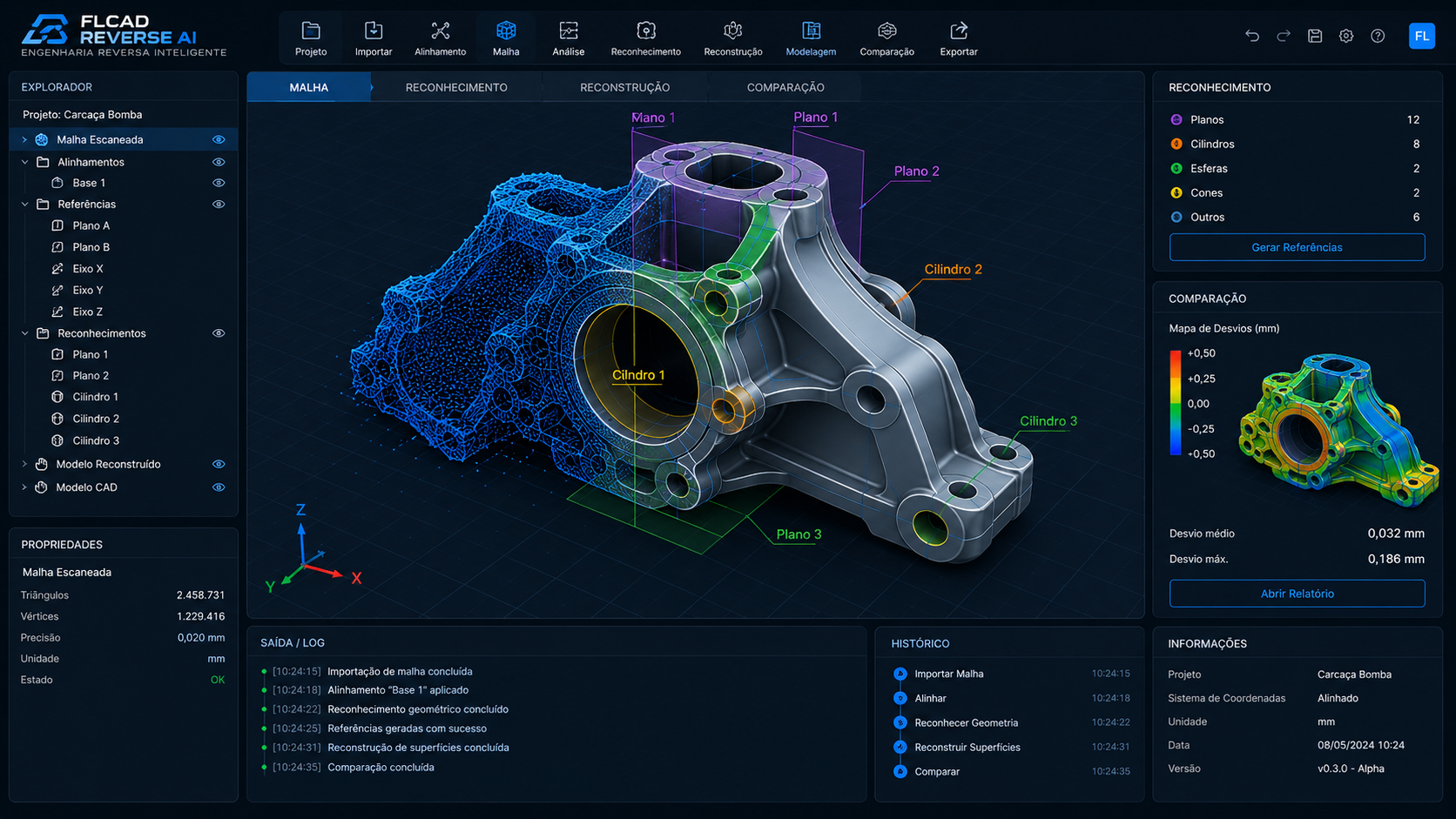Conceito visual da plataforma FLCAD Reverse AI