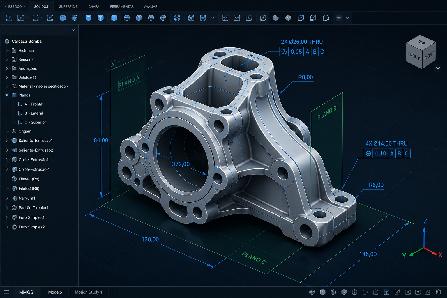 Modelagem CAD com superfícies, raios e referências